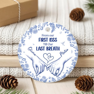 Personalized double-sided ceramic ornament featuring a couple's hands with heartfelt message and floral design