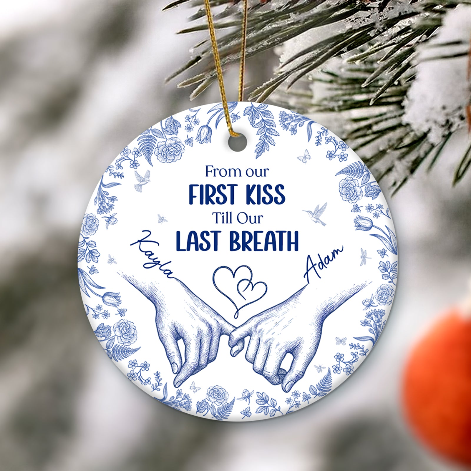 Personalized double-sided ceramic ornament featuring hands and romantic text for special occasions