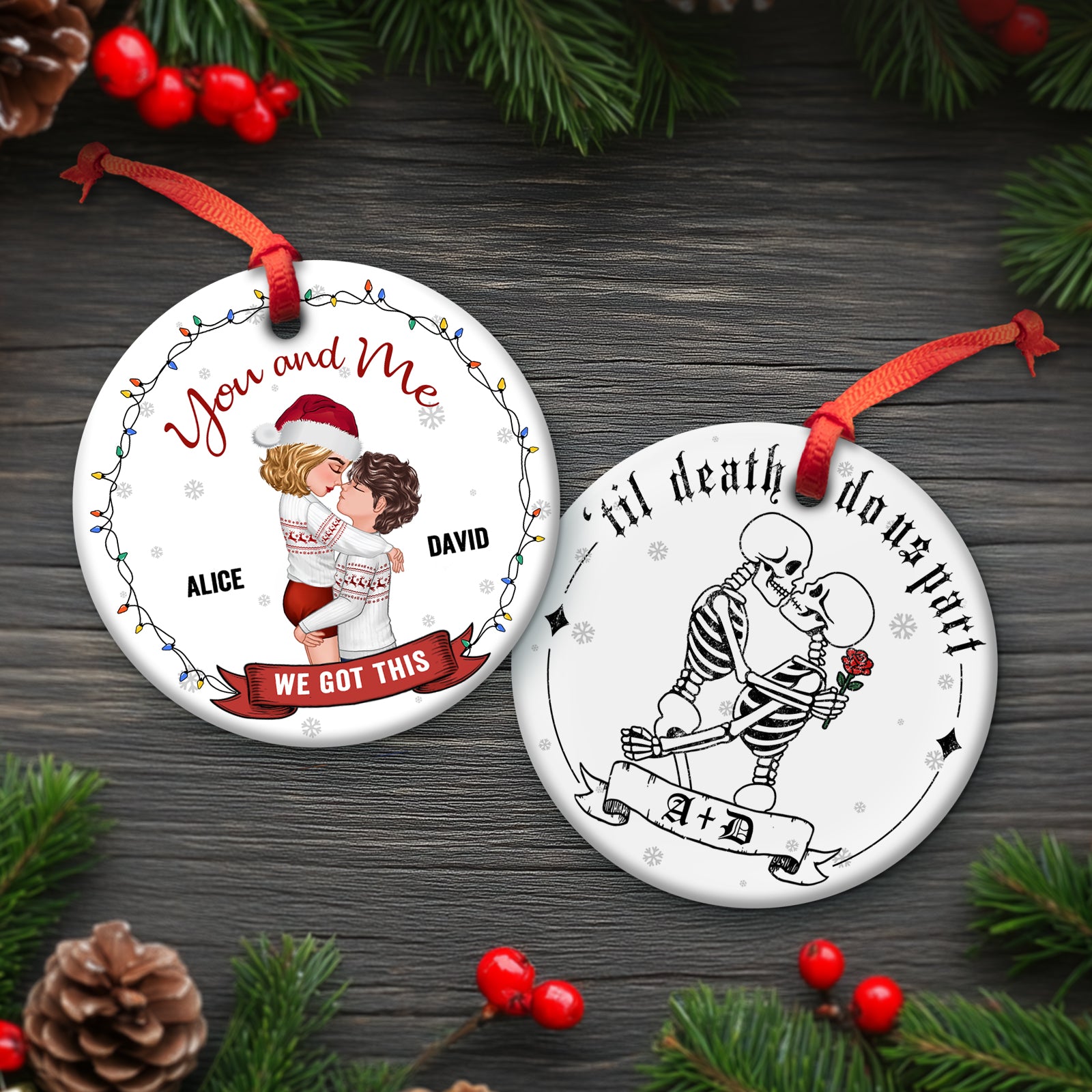 Personalized double-sided ceramic ornament featuring a floral design and heartfelt message