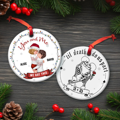 Personalized double-sided ceramic ornament featuring a floral design and heartfelt message