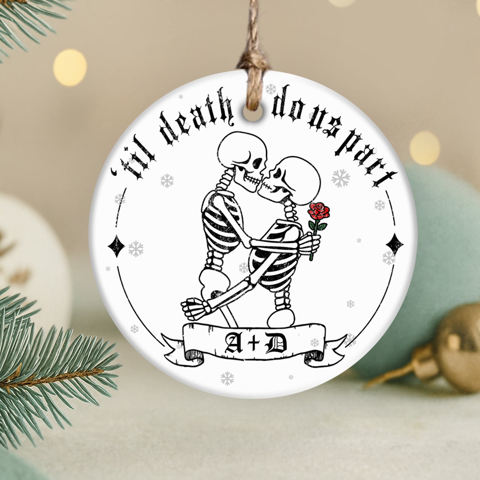Personalized double-sided ceramic ornament featuring skeletons exchanging a rose with a romantic design