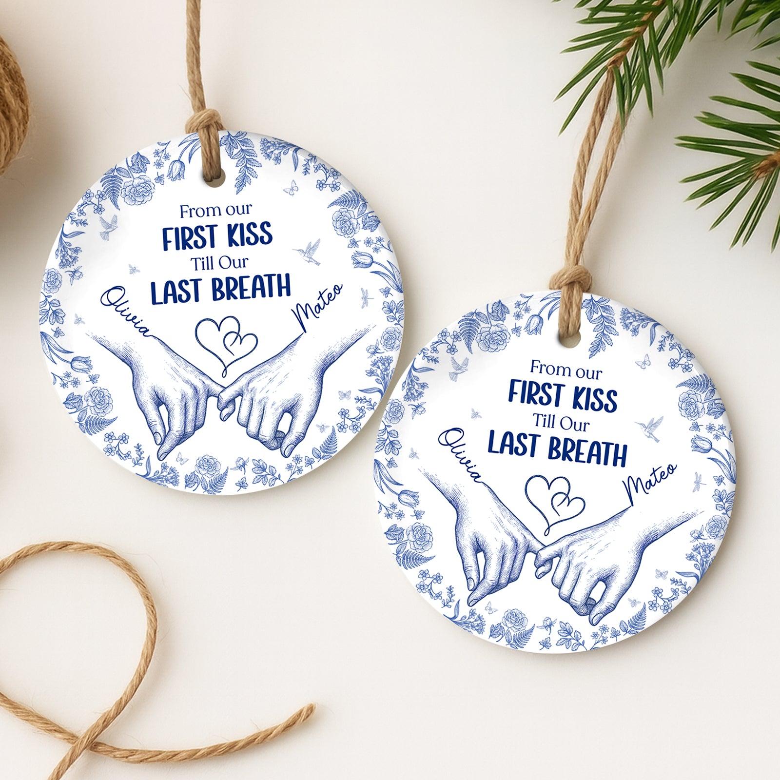 Personalized double-sided ceramic ornament featuring a heartfelt Rainbow Bridge tribute design
