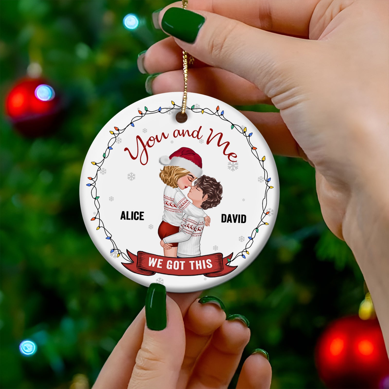 Personalized double-sided ceramic ornament with couple design and custom names for holiday decorations