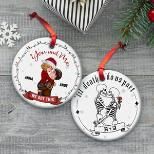 Personalized double-sided ceramic ornament featuring a couple hugging on one side and skeletons holding flowers on the other
