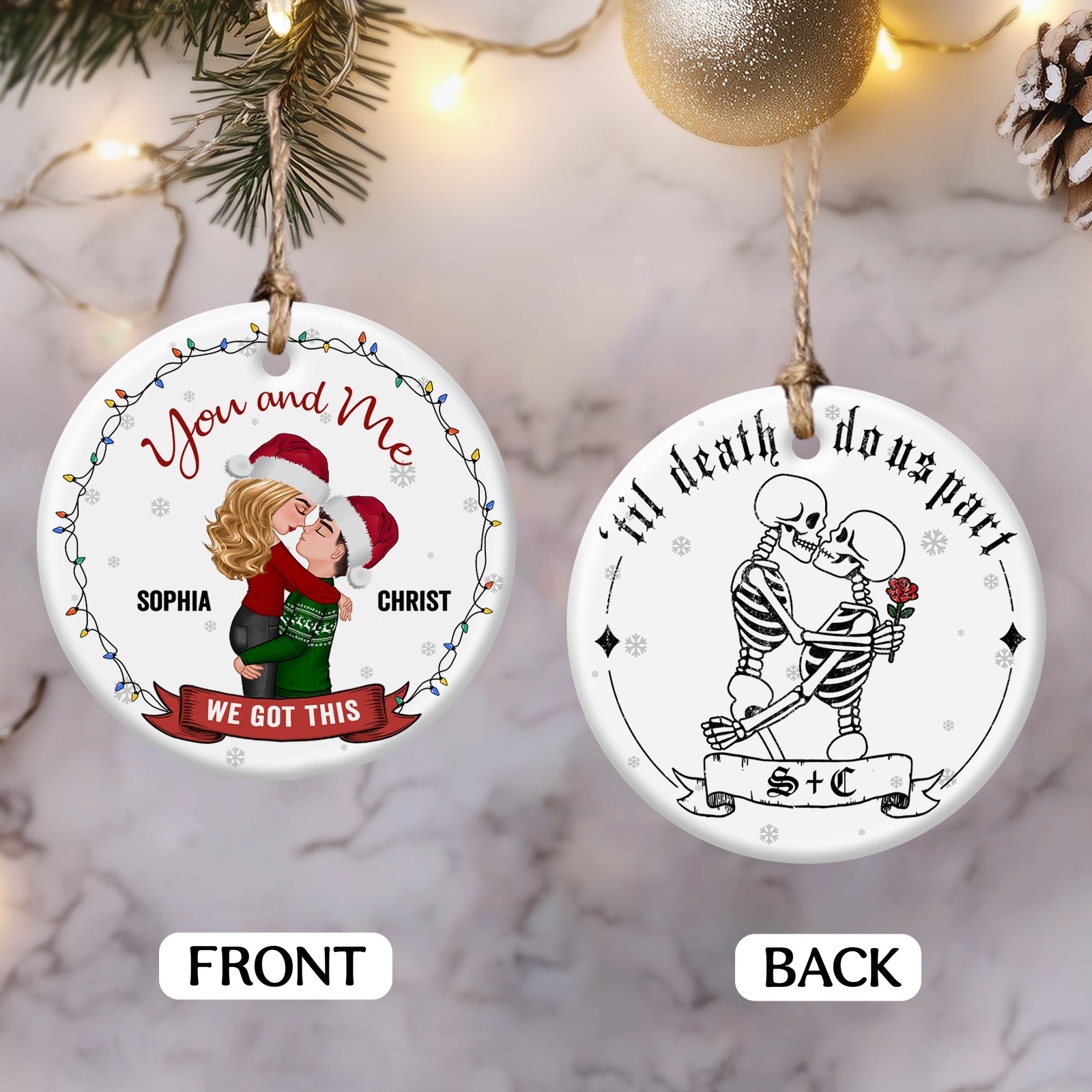 Personalized double-sided ceramic ornament featuring a couple kissing on one side and skeletons holding flowers on the other
