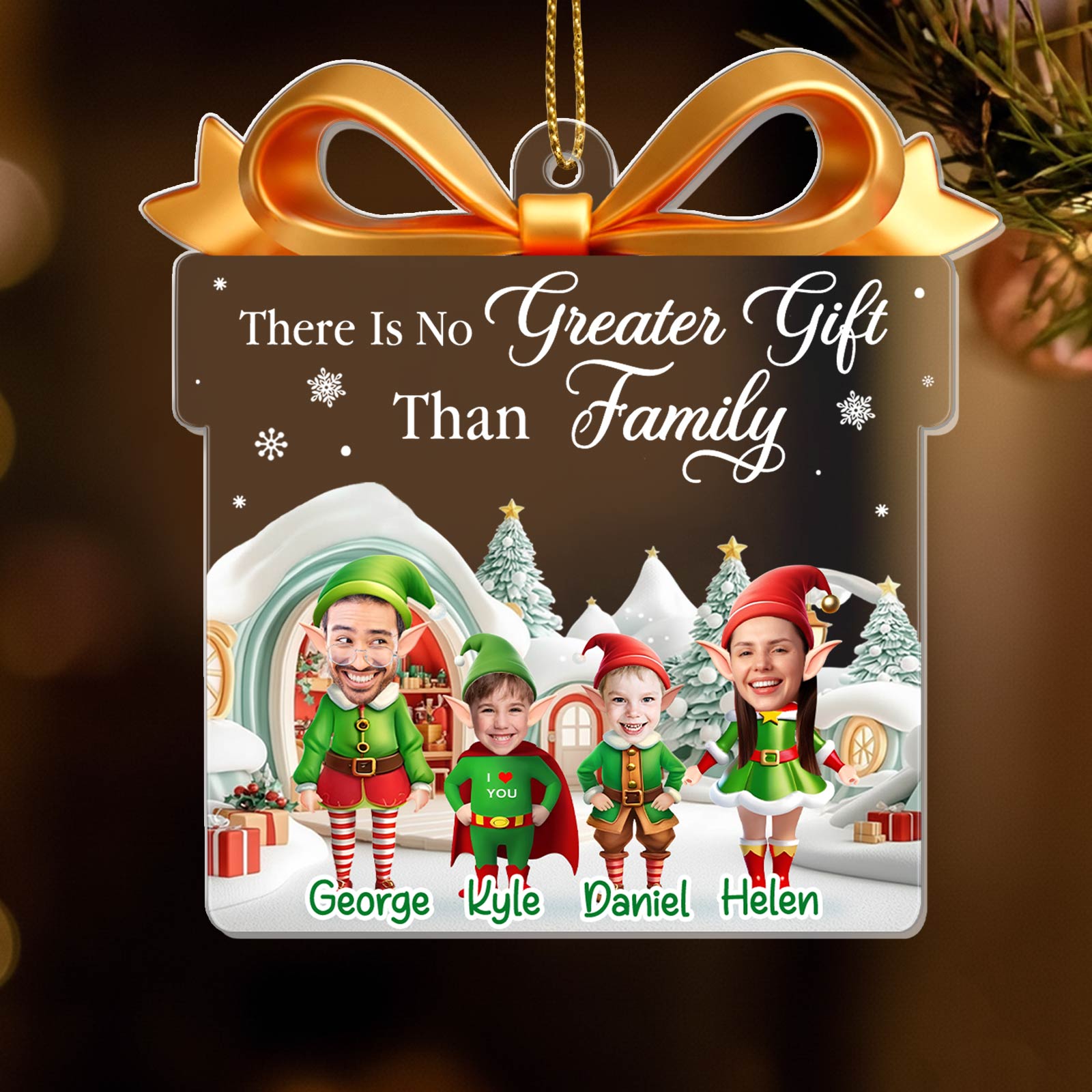Personalized elf family Christmas ornament featuring four smiling family members in festive attire