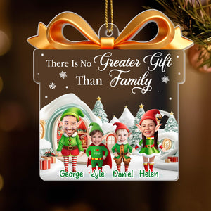 Personalized elf family Christmas ornament featuring four smiling family members in festive attire