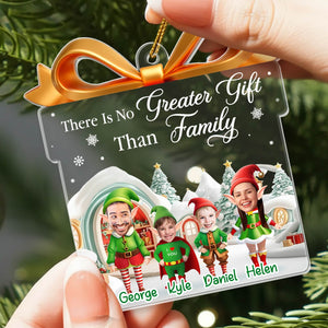 Personalized elf family Christmas ornament featuring names and festive designs for holiday decorations