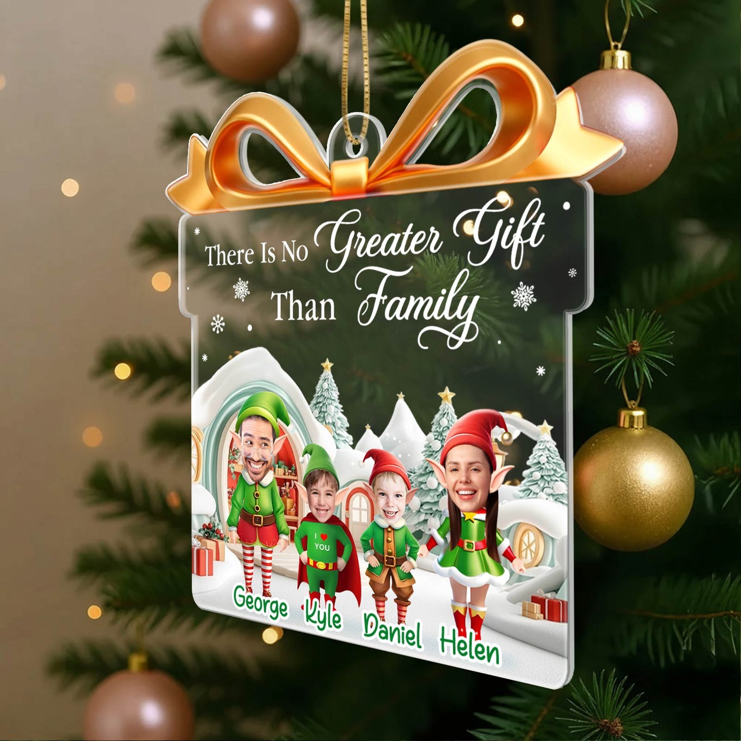 Personalized elf family Christmas ornament featuring names George, Kyle, Daniel, and Helen for festive decoration