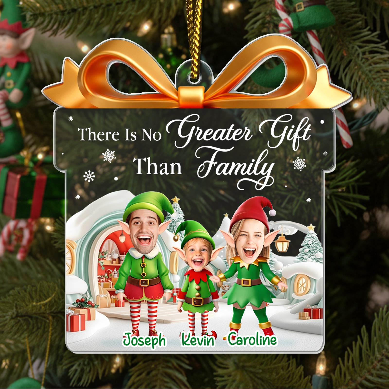 Personalized elf family Christmas ornament featuring three smiling elves, perfect for family holiday decor