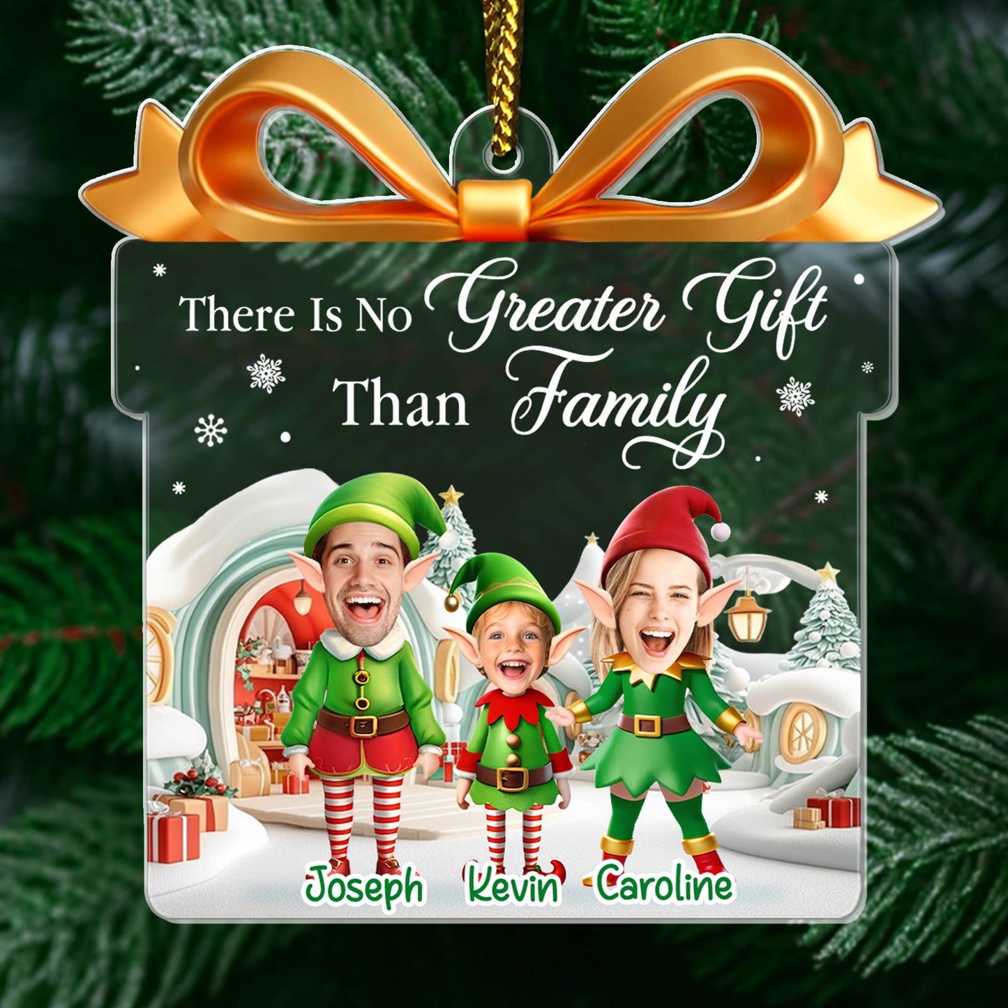 Personalized elf family Christmas ornament featuring three cheerful elves with festive backgrounds