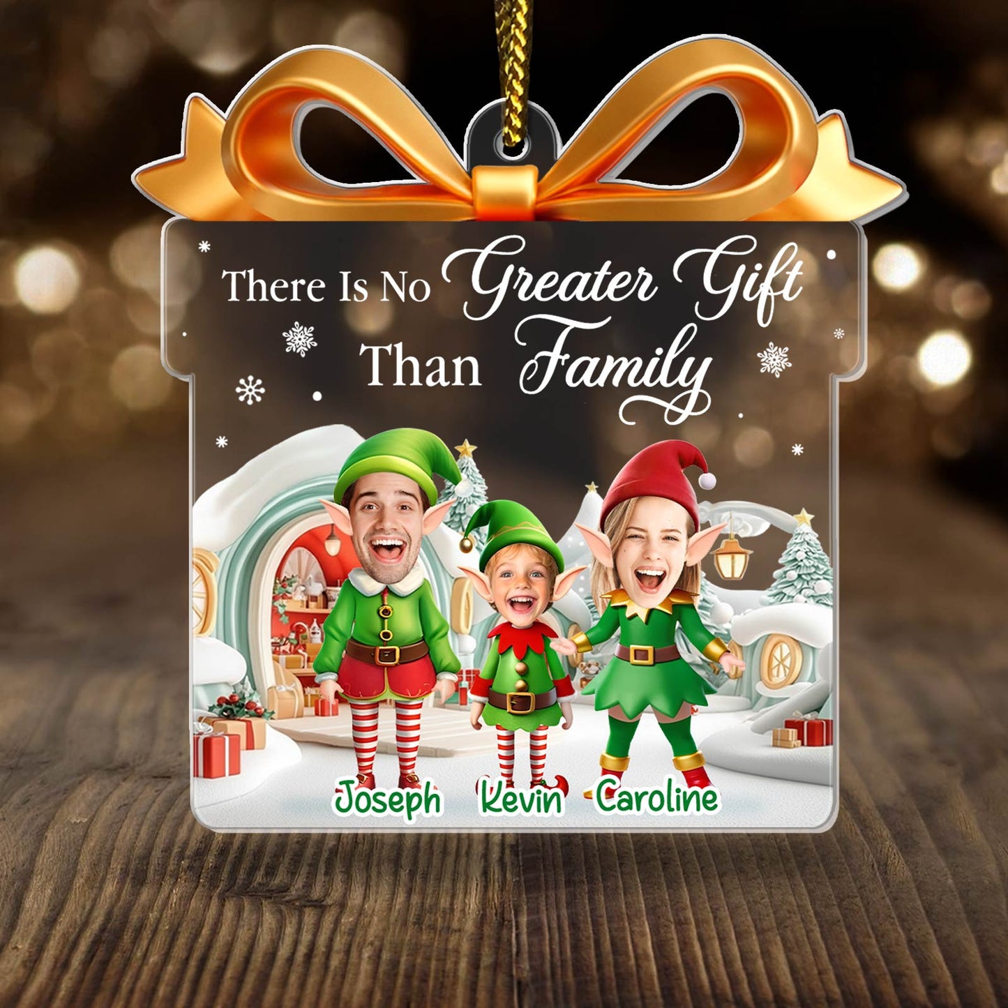 Personalized elf family Christmas ornament featuring cheerful family members dressed in holiday attire