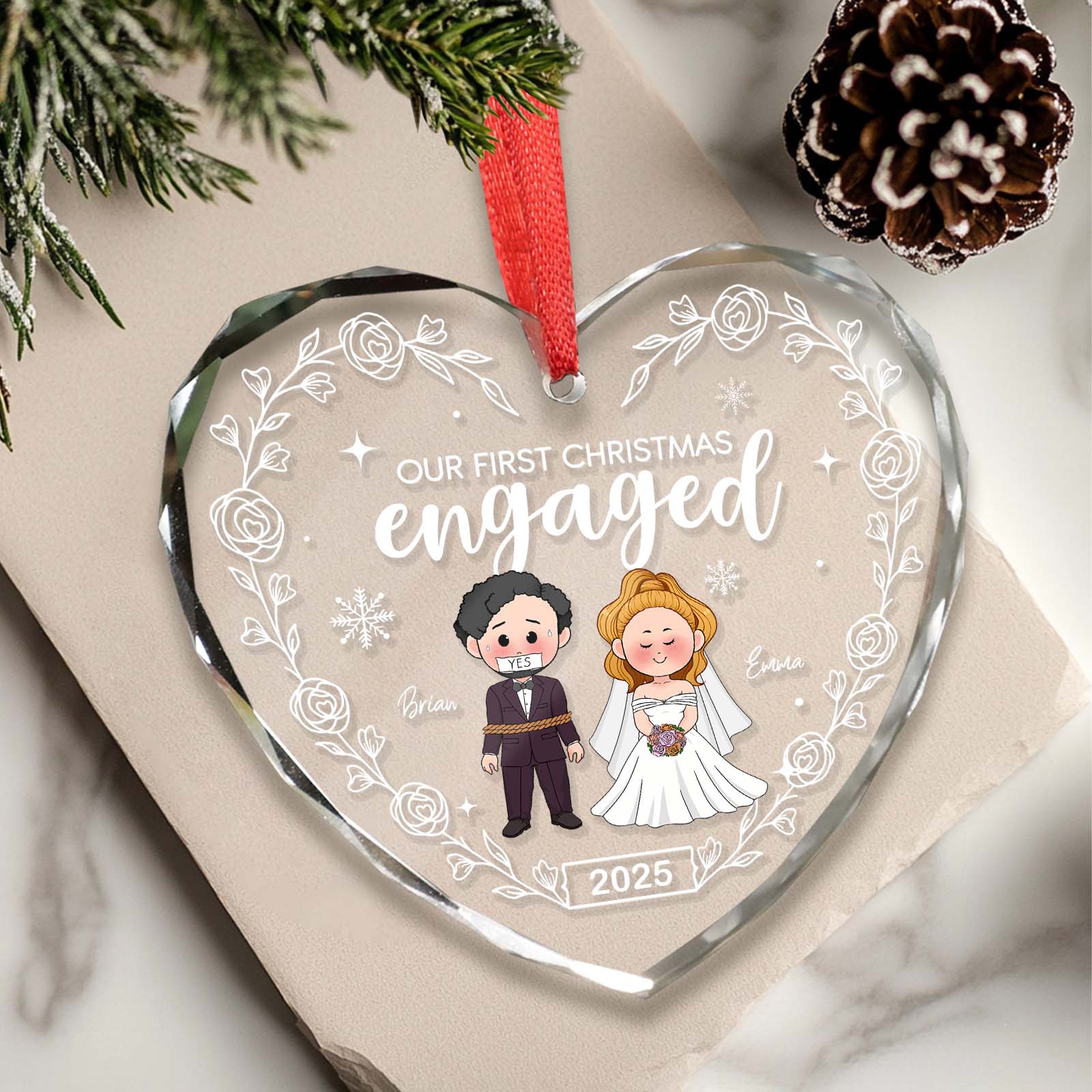 Personalized engaged Christmas ornament featuring a couple on their first Christmas together