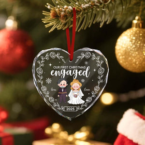 Personalized engaged Christmas ornament featuring a couple with a heart design for holiday celebrations