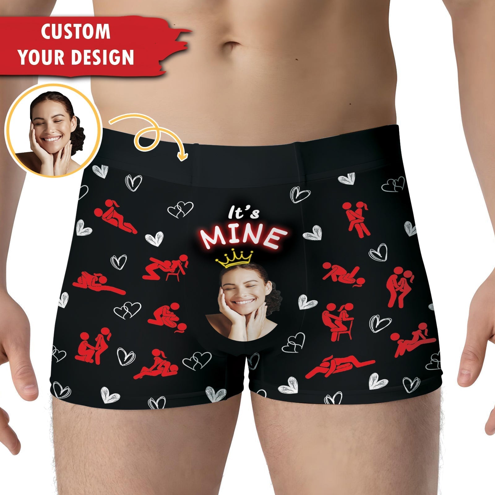 Customizable black boxer shorts featuring personalized face underwear for couples with playful graphics