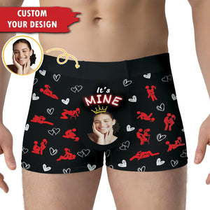 Customizable black boxer shorts featuring personalized face underwear for couples with playful graphics