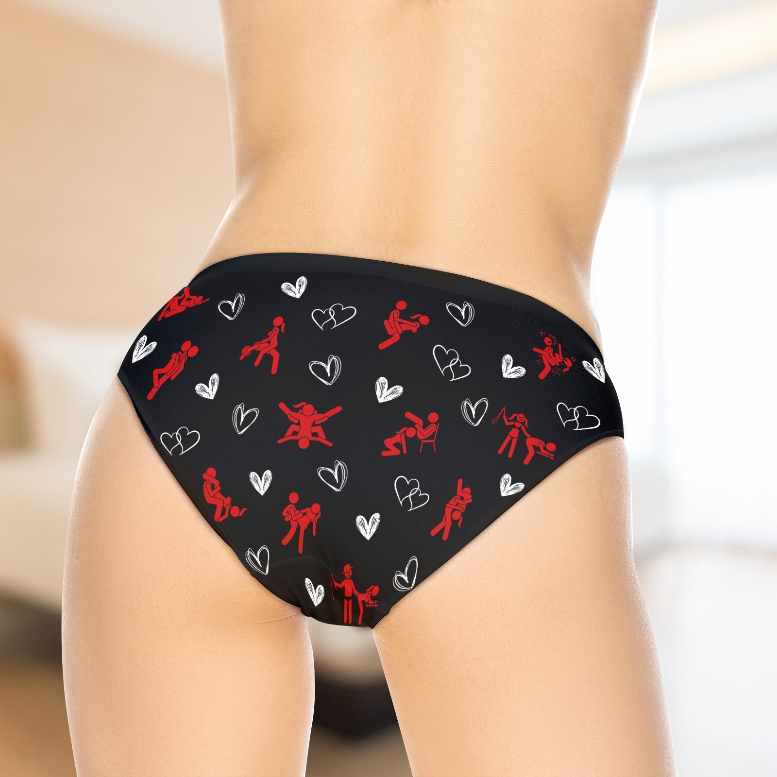 Personalized face underwear for couples featuring playful heart and couple illustrations on a black background