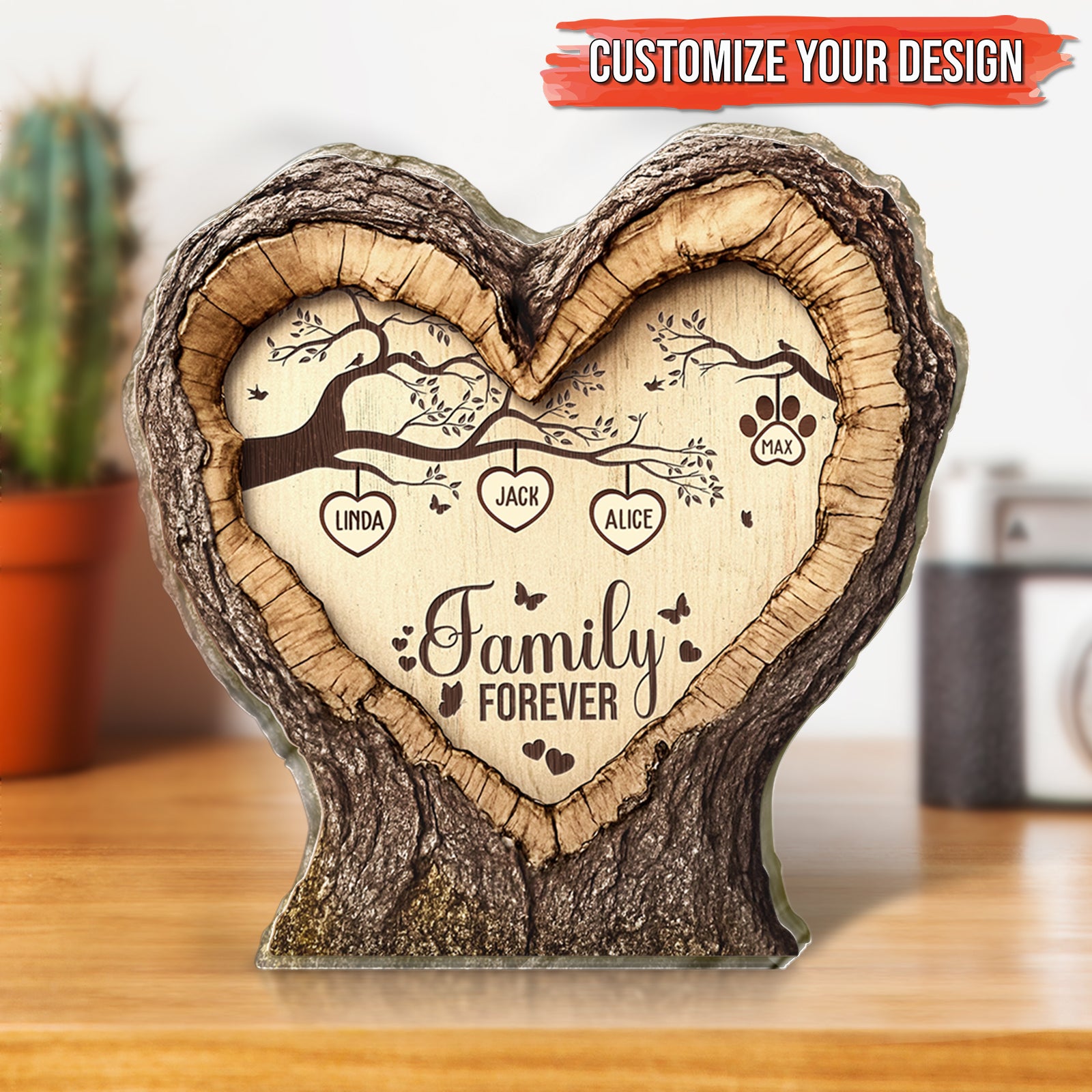 Personalized family acrylic plaque with heart design and custom names for a unique home decor piece