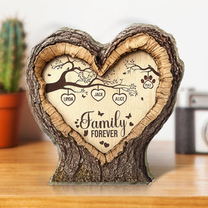 Personalized family acrylic plaque shaped like a heart with family names and tree design