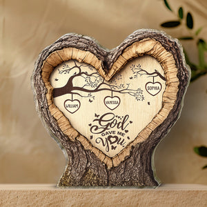 Personalized family acrylic plaque featuring a heart design with names and a heartfelt message