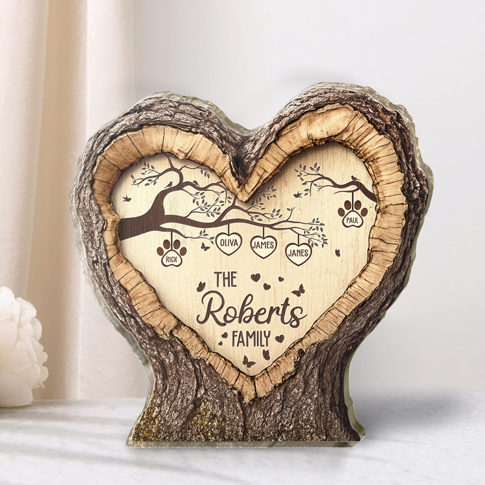 Personalized family acrylic plaque in a heart shape with names and tree design for home decor