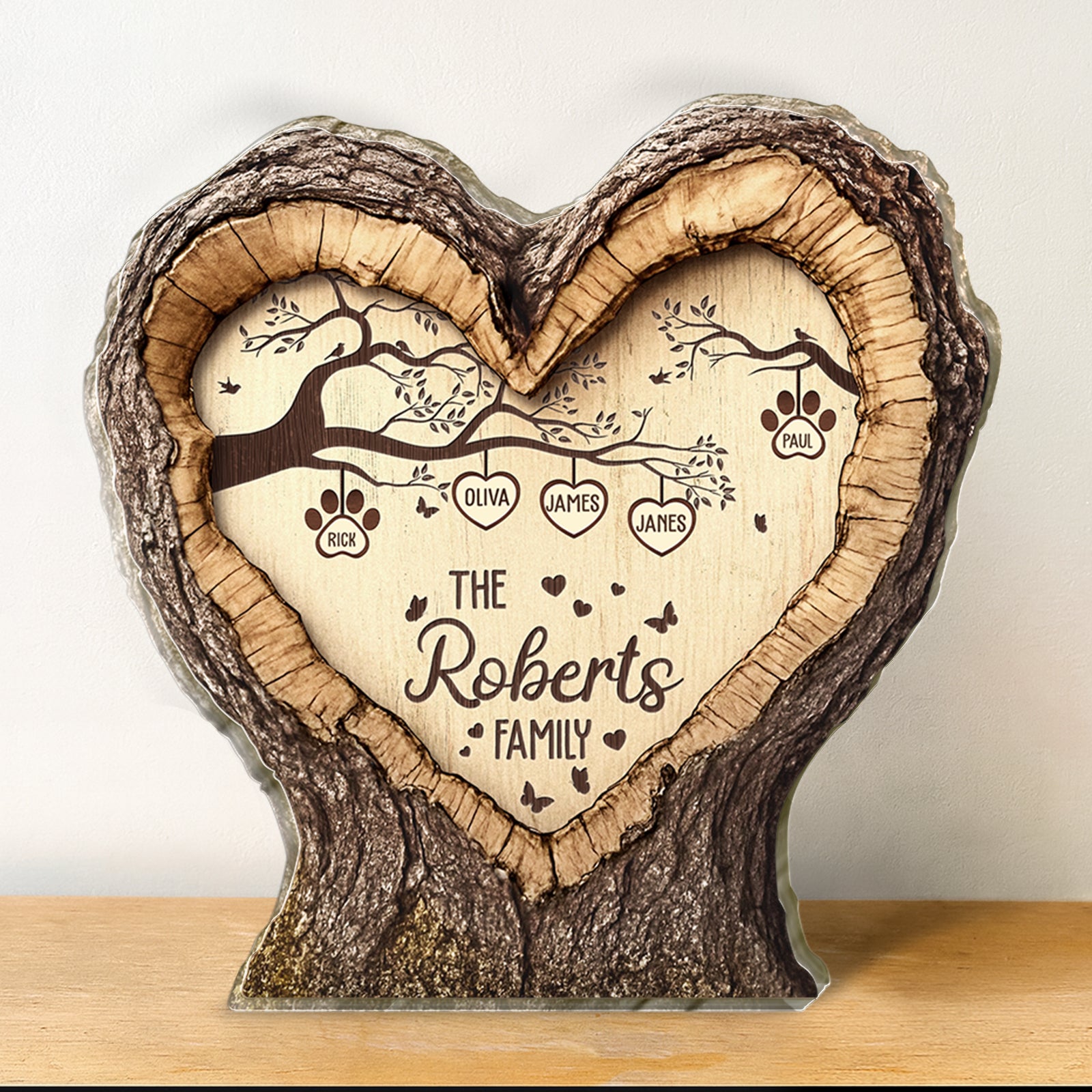 Personalized family acrylic plaque featuring a heart-shaped wood design with family names and trees