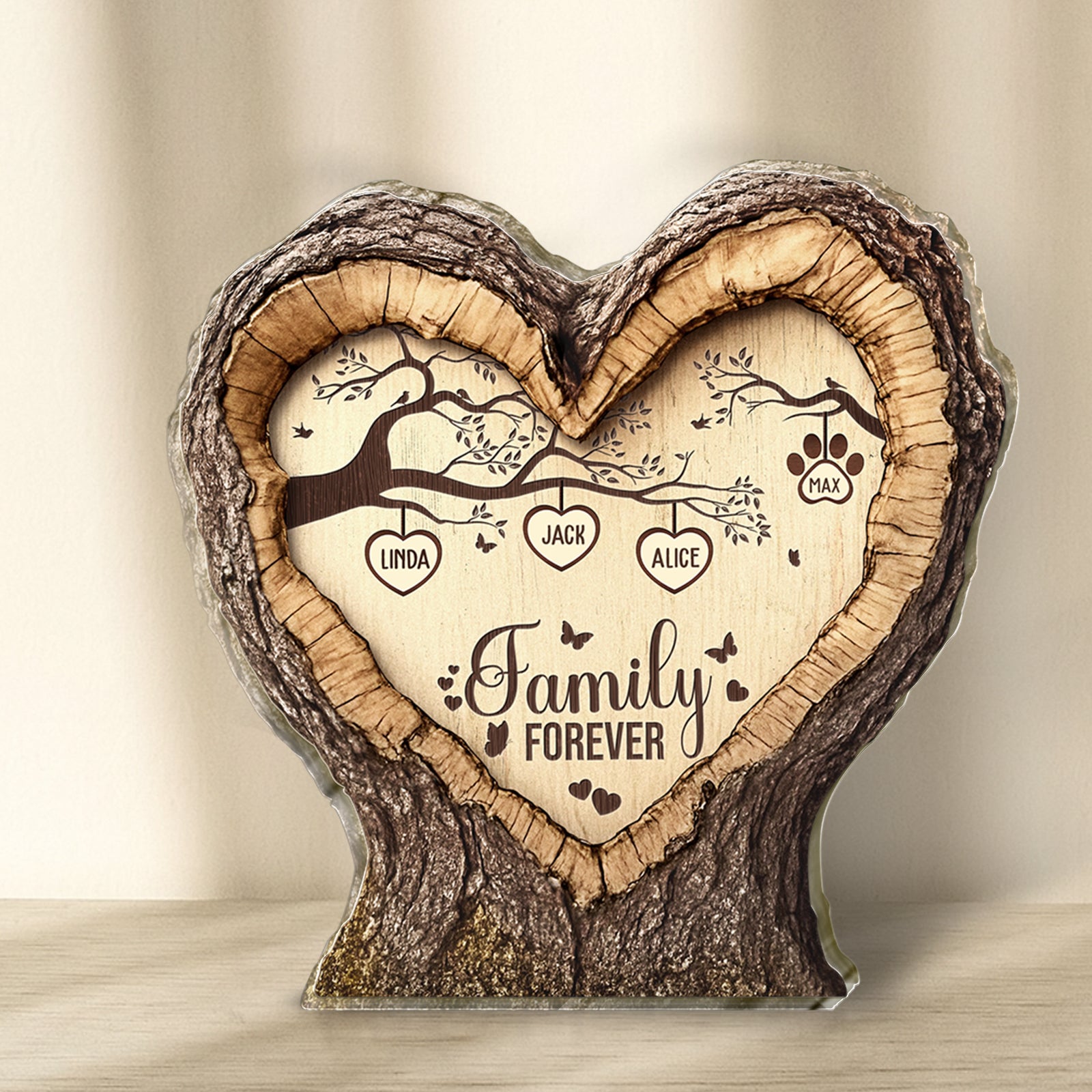 Personalized family acrylic plaque in heart shape with tree design and family member names