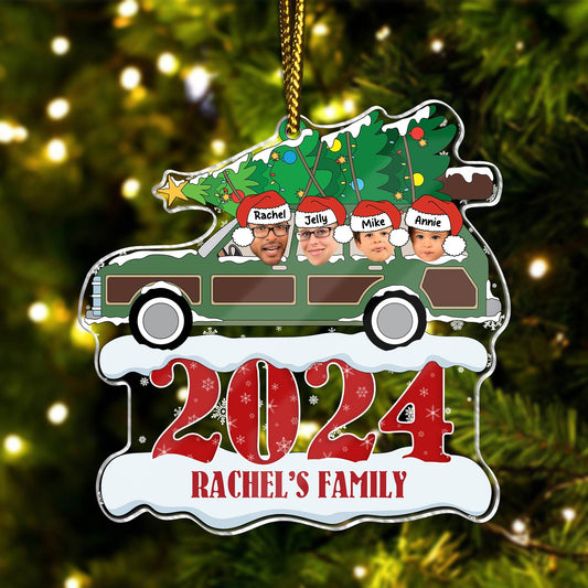 Personalized family Christmas ornament 2024 featuring a car with faces and names of Rachel's family members