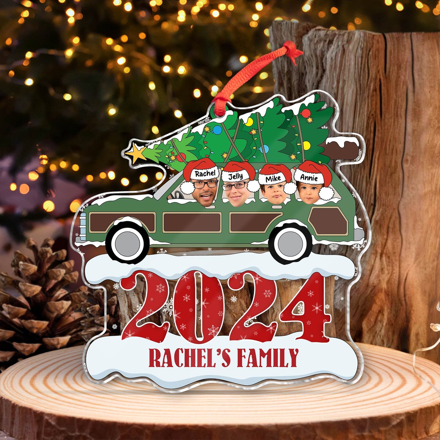 Personalized family Christmas ornament with car carrying Christmas tree and four faces with names Rachel Jelly Mike Annie 2024