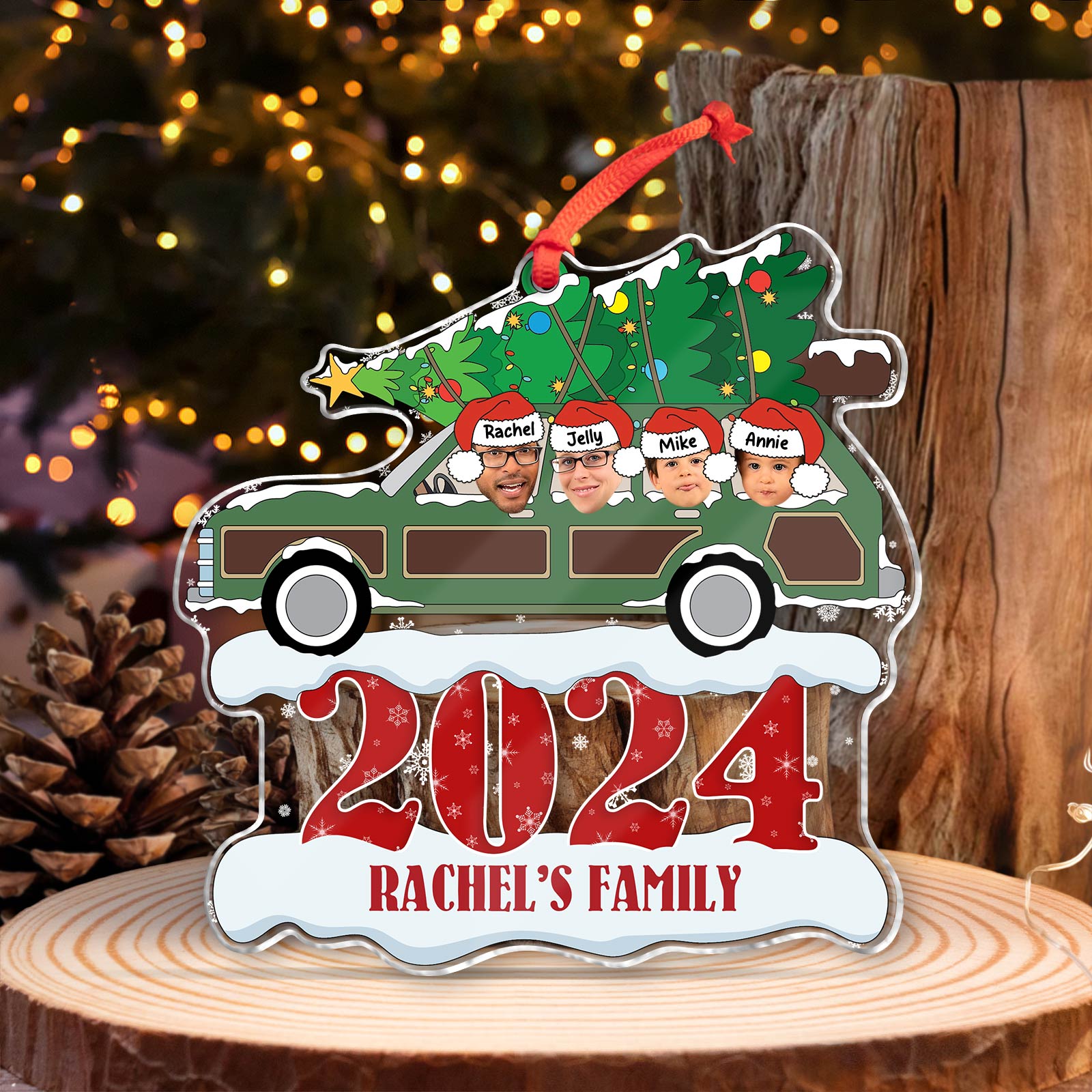 Personalized family Christmas ornament with car carrying Christmas tree and four faces with names Rachel Jelly Mike Annie 2024