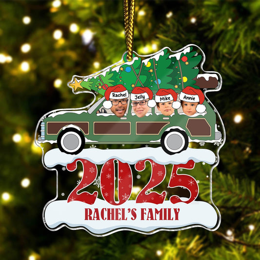 Personalized family Christmas ornament featuring a car with a Christmas tree and family names for 2025