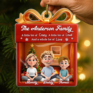 Personalized family Christmas ornament featuring cartoon family members with Christmas tree and festive background