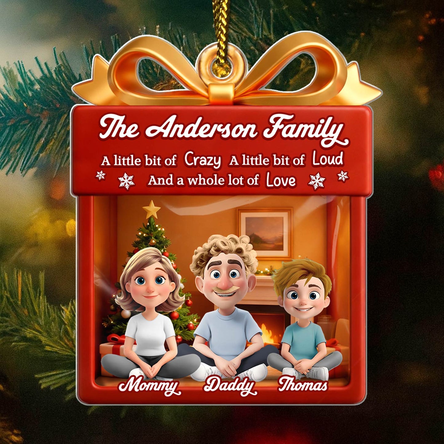 Personalized family Christmas ornament featuring cartoon characters of a family with the name Anderson