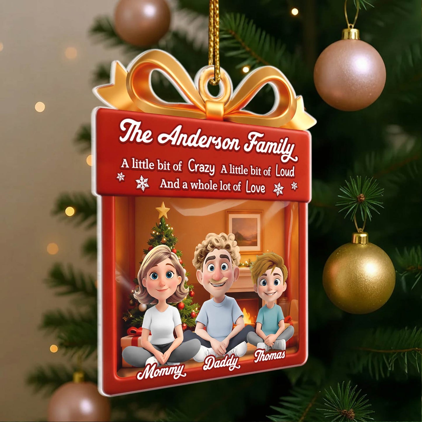 Personalized family Christmas ornament featuring the Anderson family in a festive design