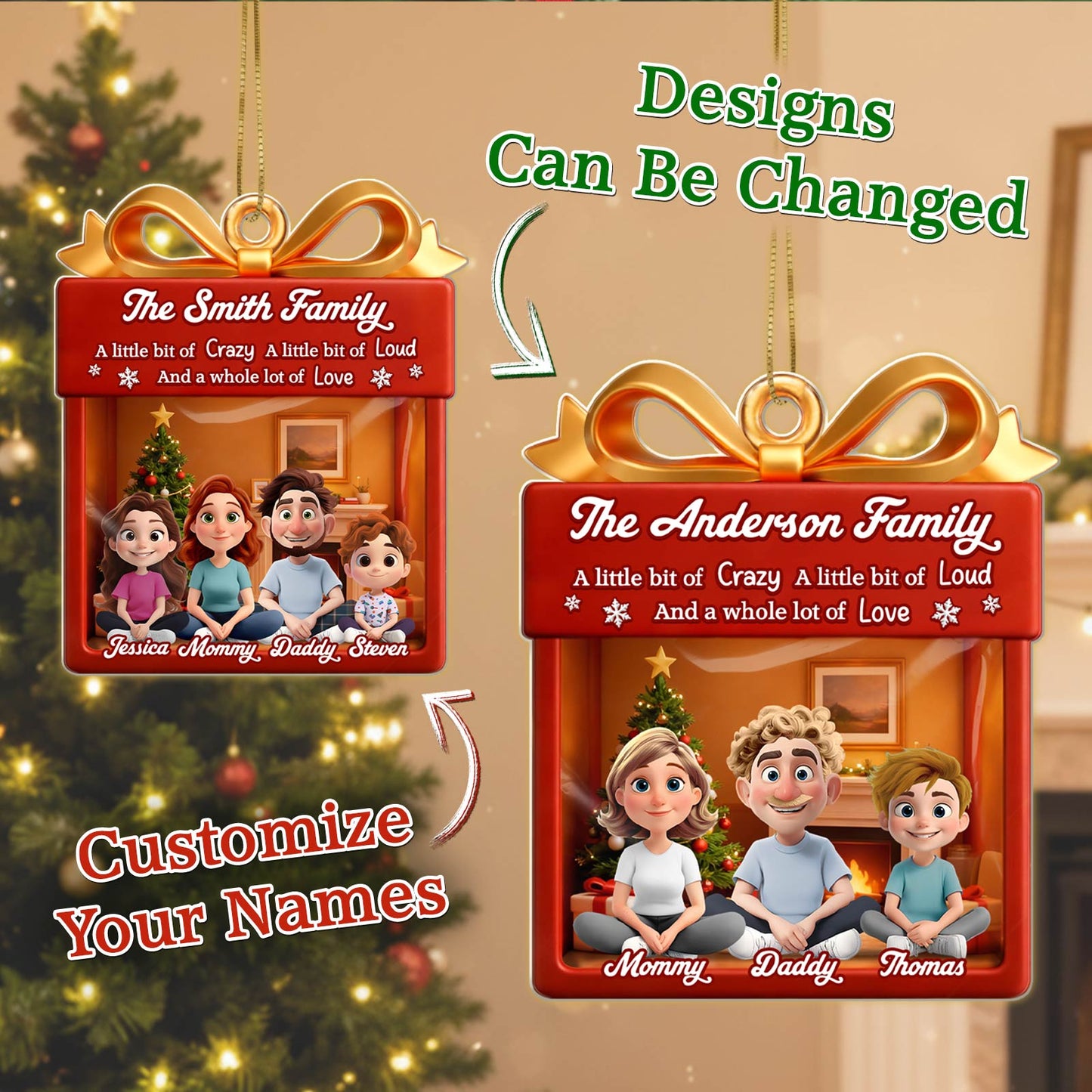 Personalized family Christmas ornament featuring customizable names and a festive design