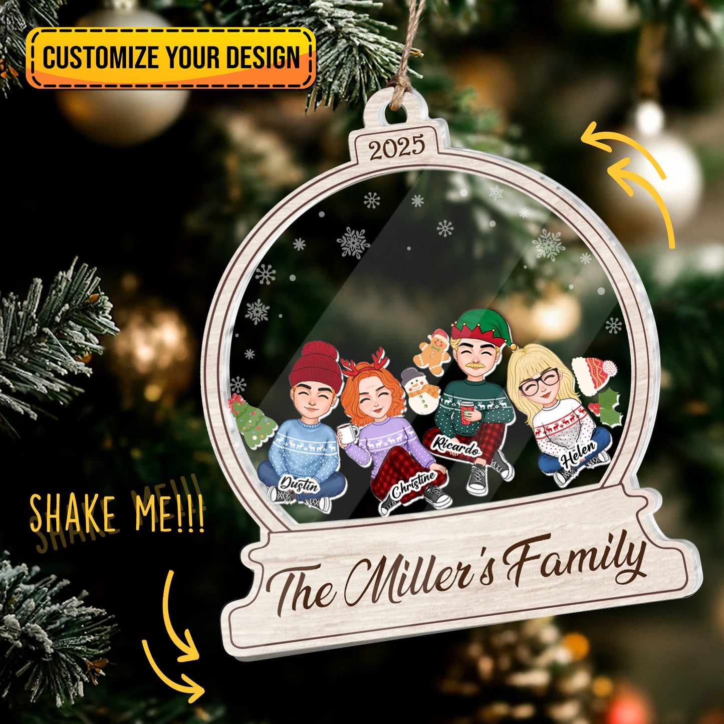 Personalized family Christmas ornament featuring The Miller's Family with custom characters and festive designs
