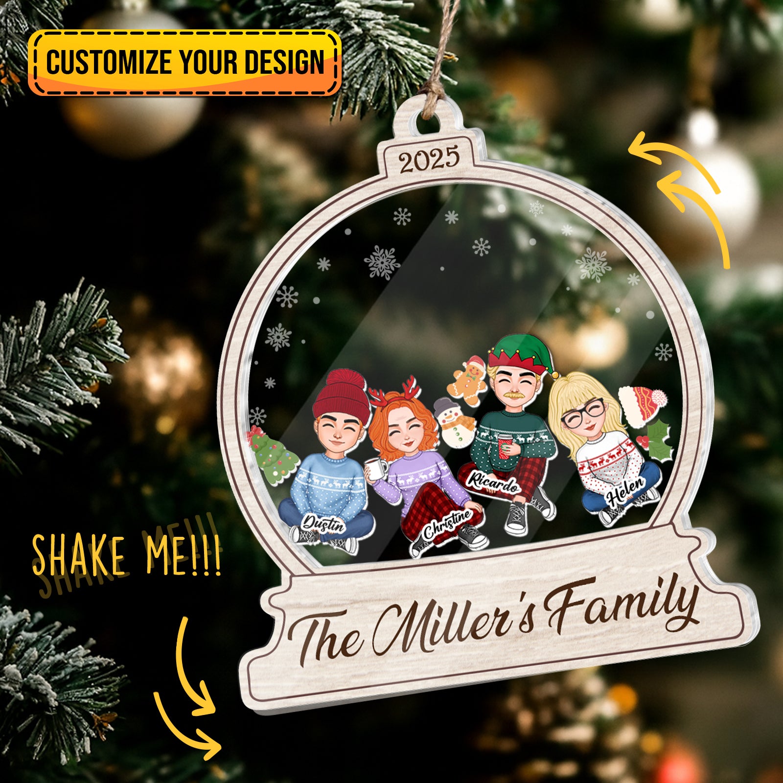 Personalized family Christmas ornament featuring The Miller's Family with custom characters and festive designs