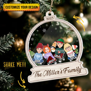 Personalized family Christmas ornament featuring The Miller's Family with custom characters and festive designs
