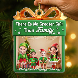 Personalized family Christmas ornament featuring playful elf characters with family names and cheerful design