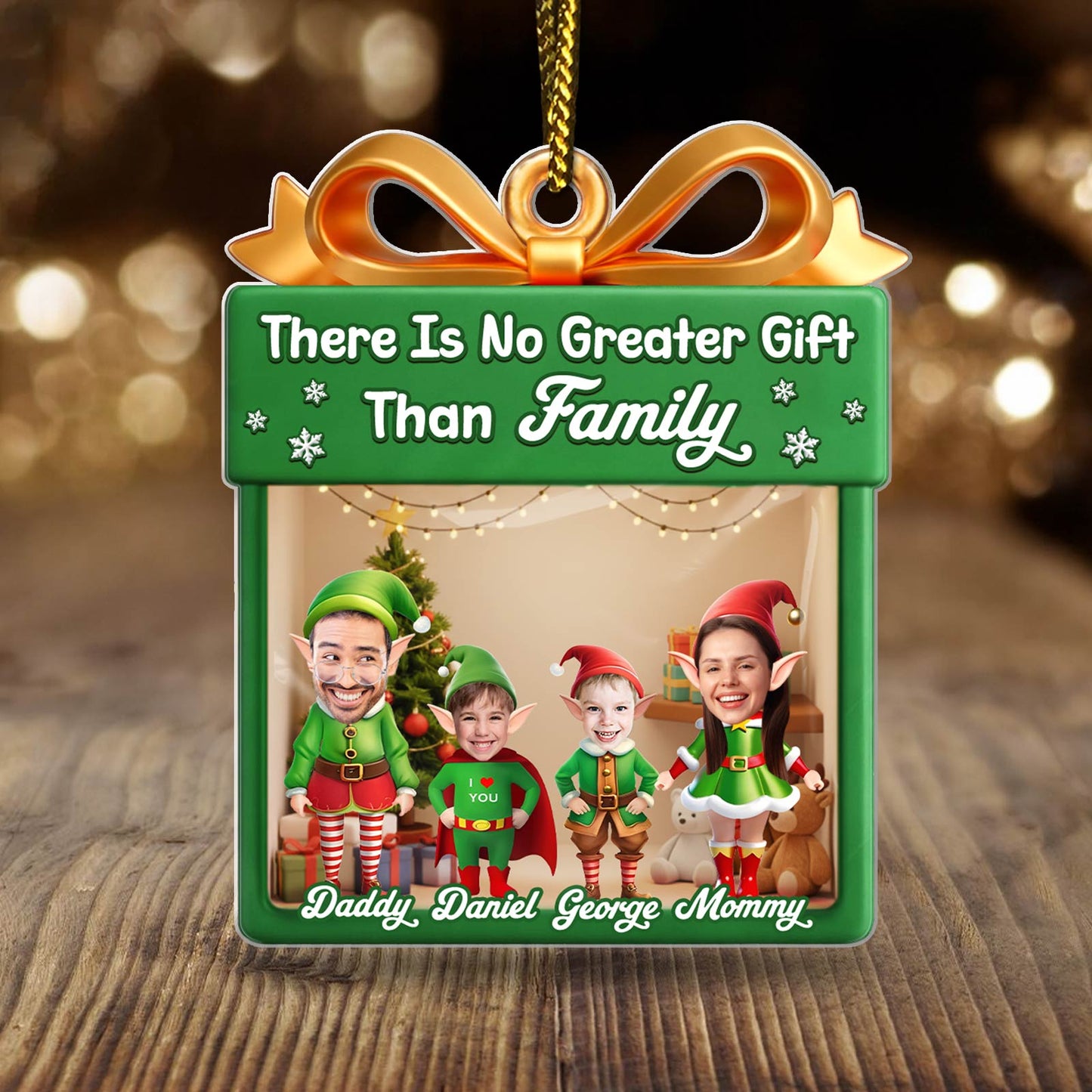 Personalized family Christmas ornament featuring a festive design with a photo of four family members and holiday cheer