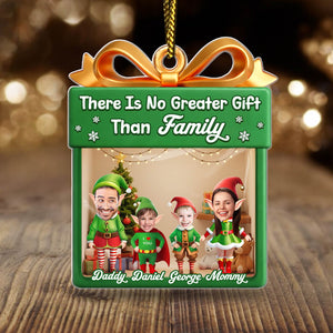 Personalized family Christmas ornament featuring a festive design with a photo of four family members and holiday cheer