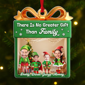 Personalized family Christmas ornament featuring festive characters and a heartfelt message