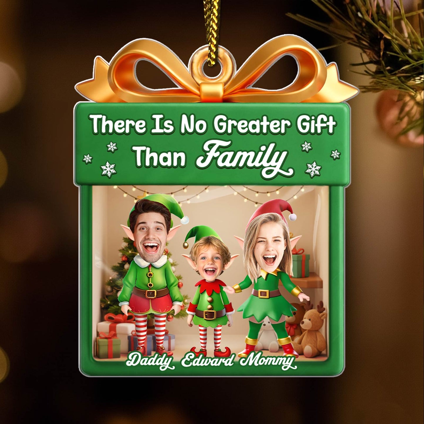 Personalized family Christmas ornament featuring festive elves and custom names for a unique holiday gift