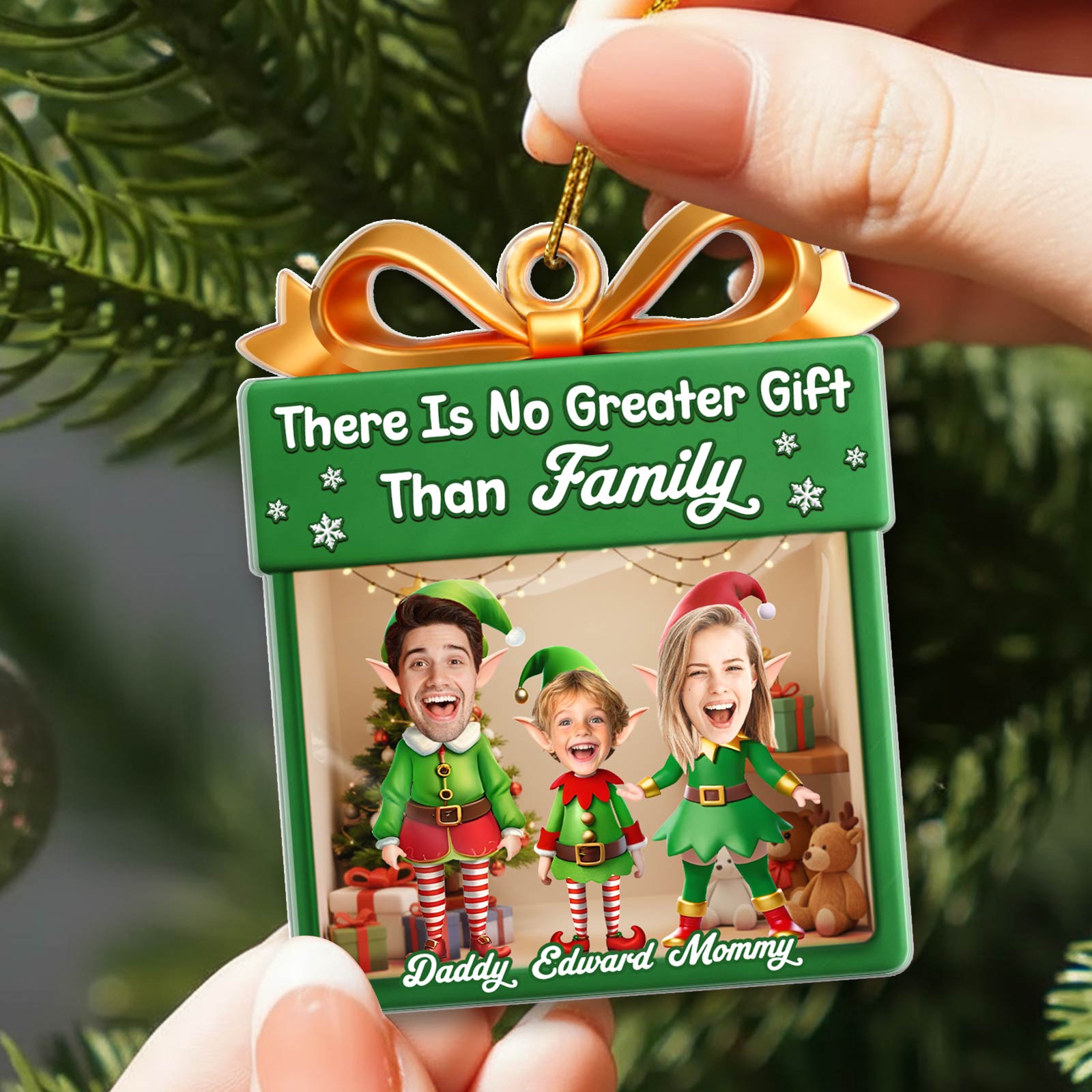 Personalized family Christmas ornament featuring a festive design with cheerful family members and holiday decorations