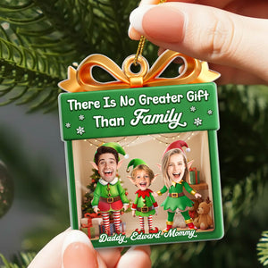 Personalized family Christmas ornament featuring a festive design with cheerful family members and holiday decorations