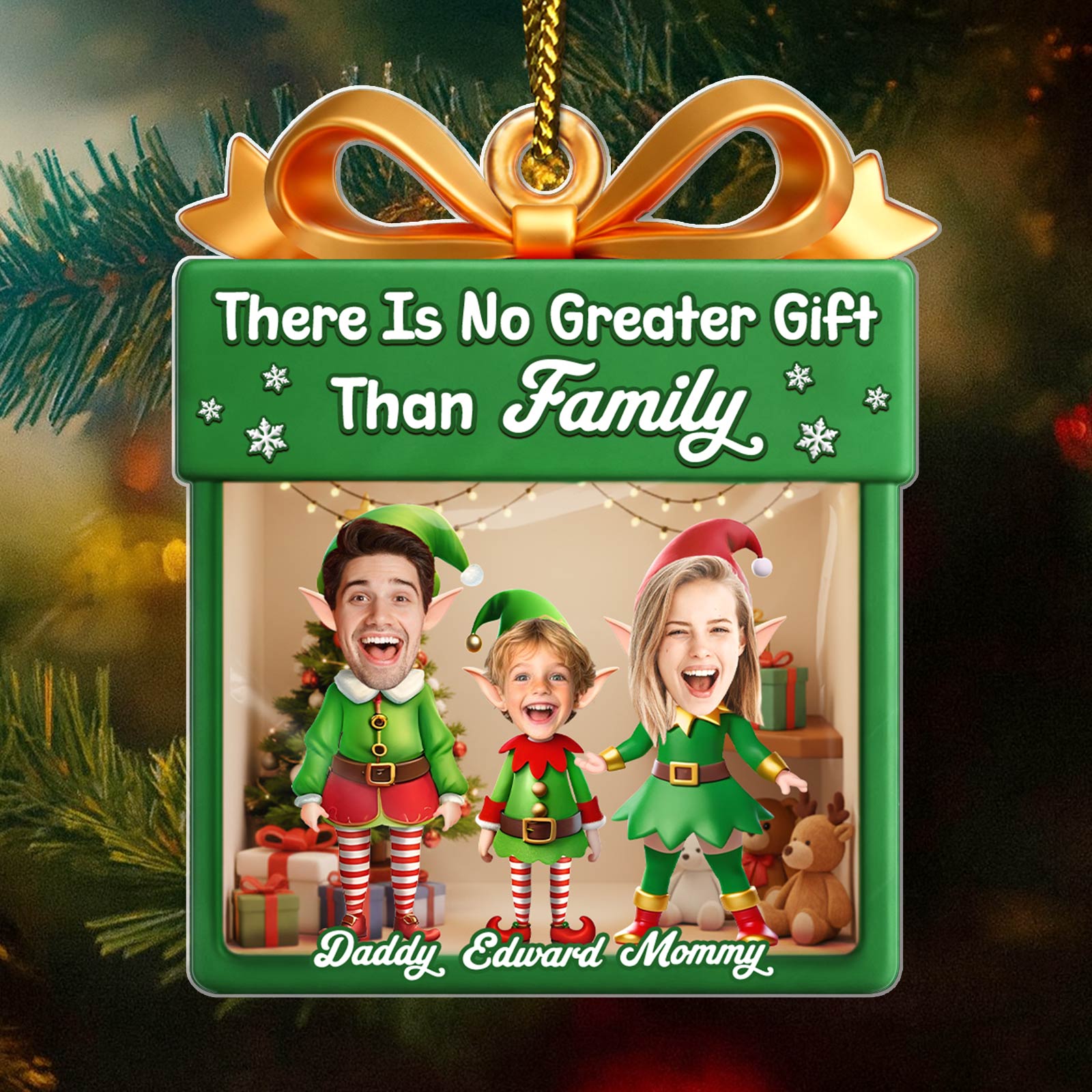 Personalized family Christmas ornament featuring playful elves and joyful family photo