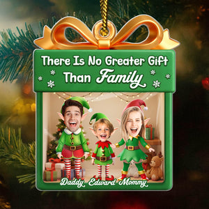 Personalized family Christmas ornament featuring playful elves and joyful family photo