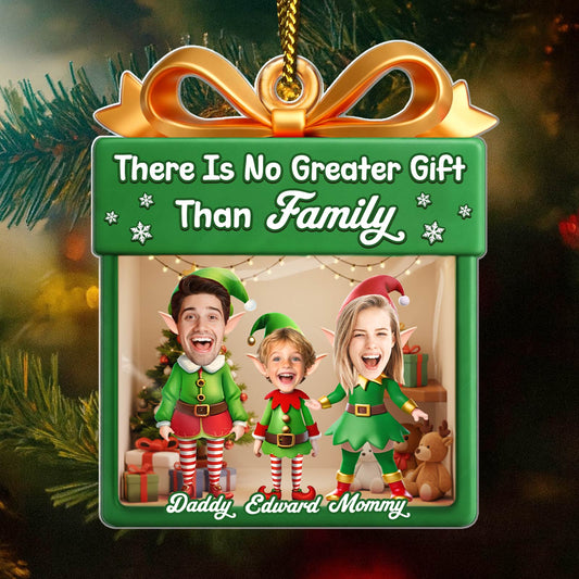 Personalized family Christmas ornament featuring playful elves and joyful family photo
