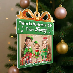 Personalized family Christmas ornament featuring cheerful family in elf costumes and festive text