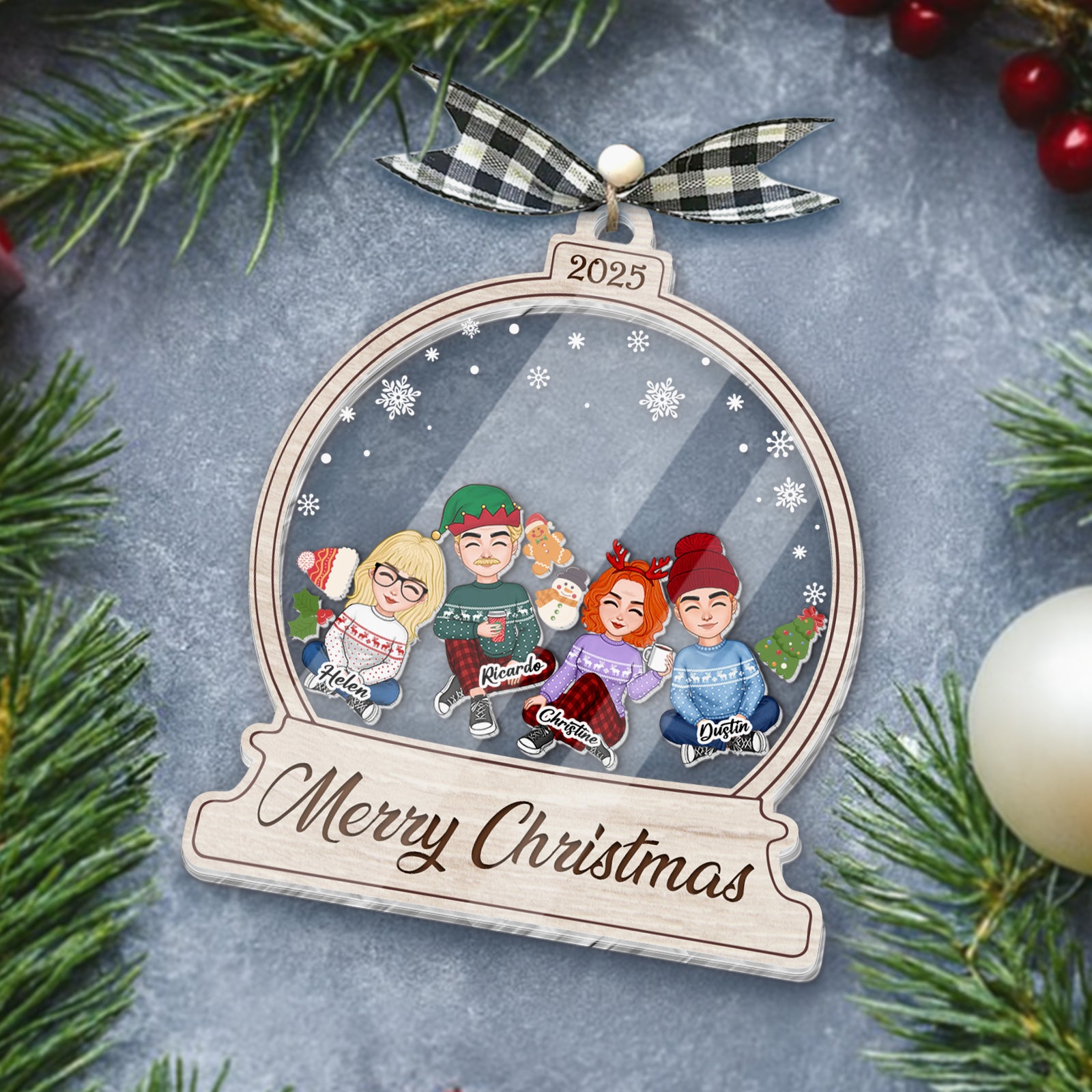 Personalized family Christmas ornament featuring four cheerful characters in a winter scene